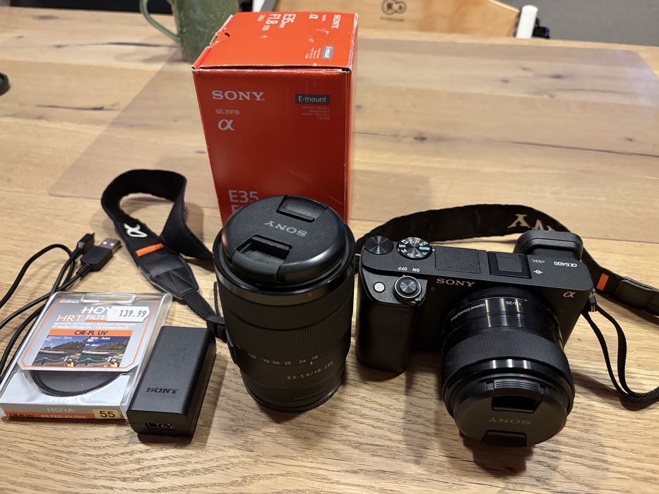 Sony alfa 6400 + 18-135 + 35mm f1.8, filtr UV hoya, torba tenba