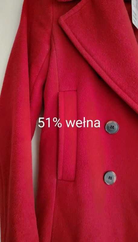 H&M wełniany czerwony długi plaszcz