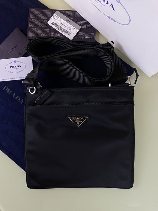 PRADA Lampo Shoulder Bag Stone Nero Nylon Island Leather