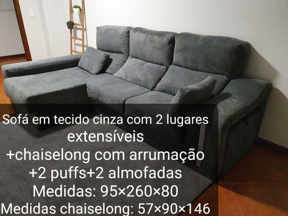 Sofa cinzento com chaiselong + 2 puffs