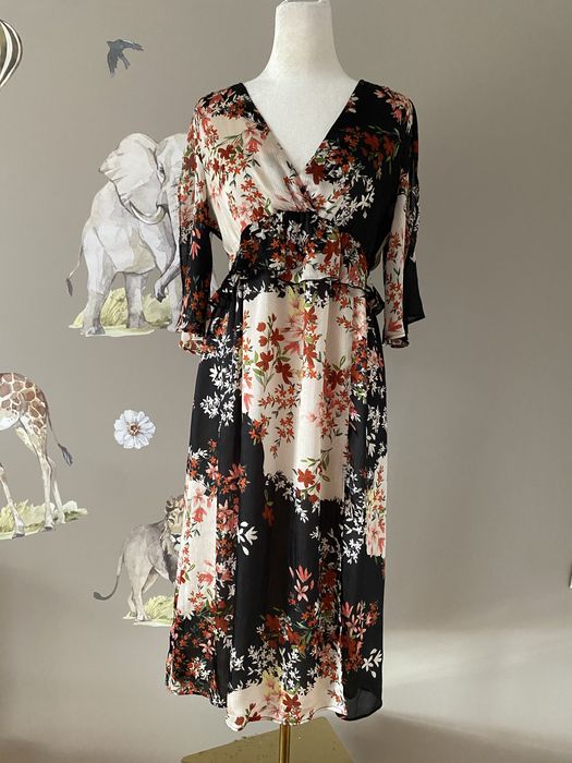 Elegancka kwiatowa sukienka midi Zara M 38 kopertowy dekolt
