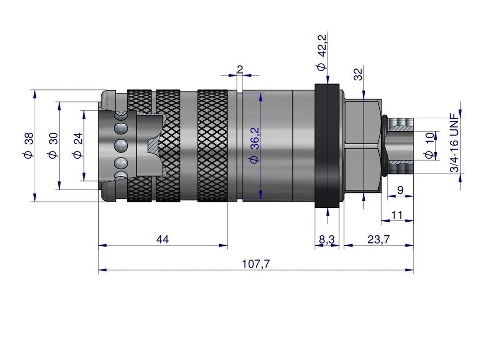 Szybkozłącze hydrauliczne zrywalne 68 l/min gniazdo G3/4"UNF gwint zew