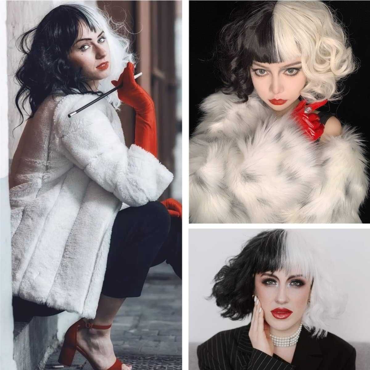 Peruka Biało Czarna CRUELLA DE VIL Cosplay włosy półdługie + AKCESORIA