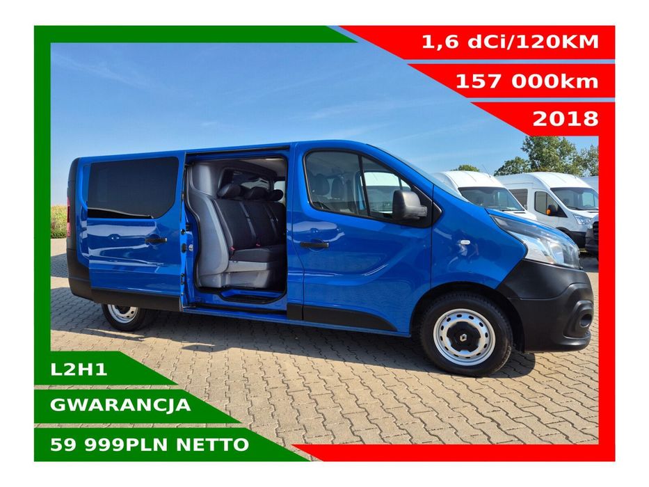 Renault Trafic Long *59999zł NETTO*Brygadówka 6 osób 1,6dCi/120KM  Duża Navi, Tempomat, Klima, 5x Airbag, Kamera, Czujniki, Hak 2000kg