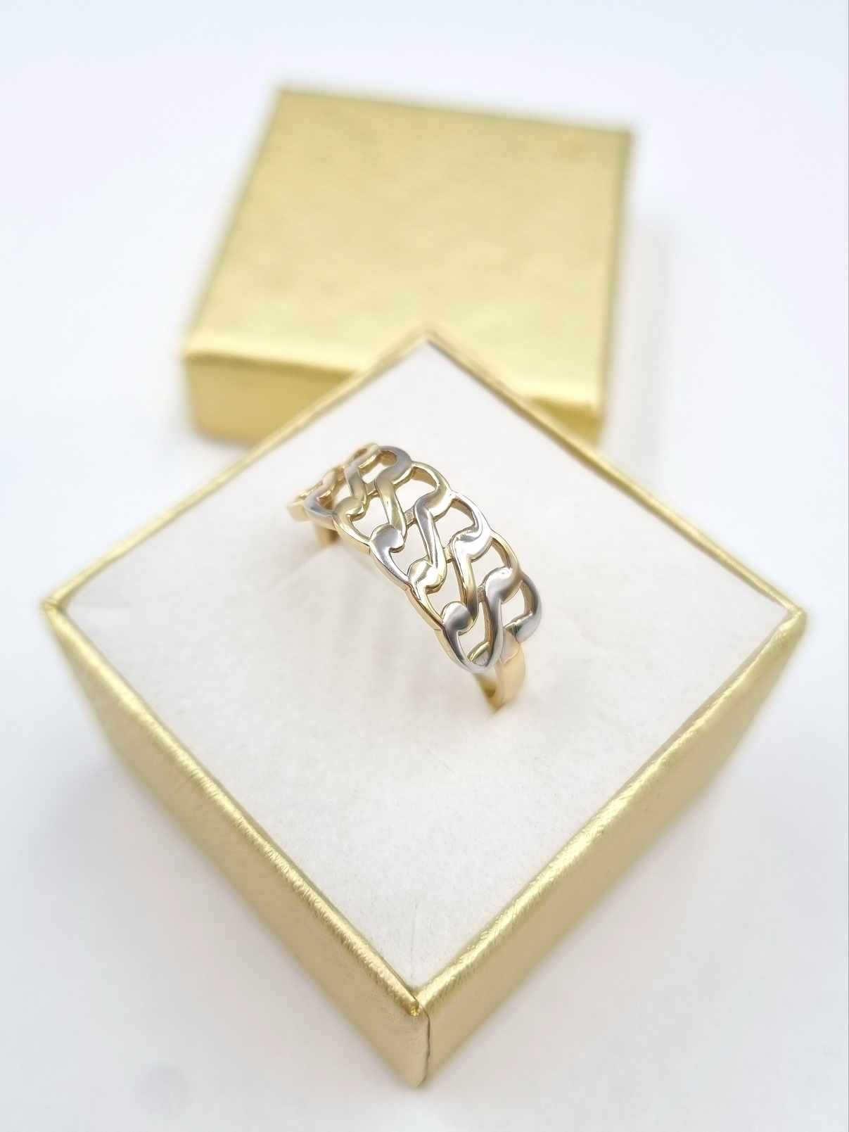 NOWY Niespotykany złoty pierścionek 585 14K r.20 2,11g żółte + białe