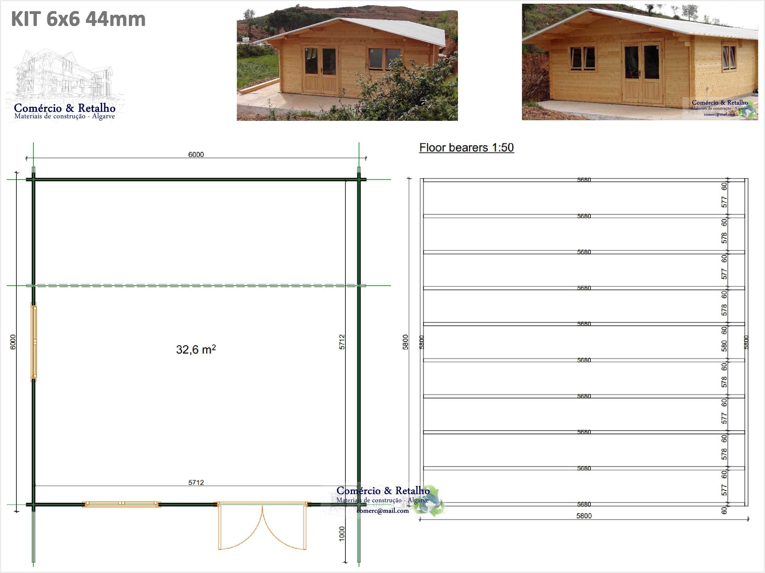 KIT Casa de madeira 6x6m/44mm - Opcional com divisão p. casa de banho