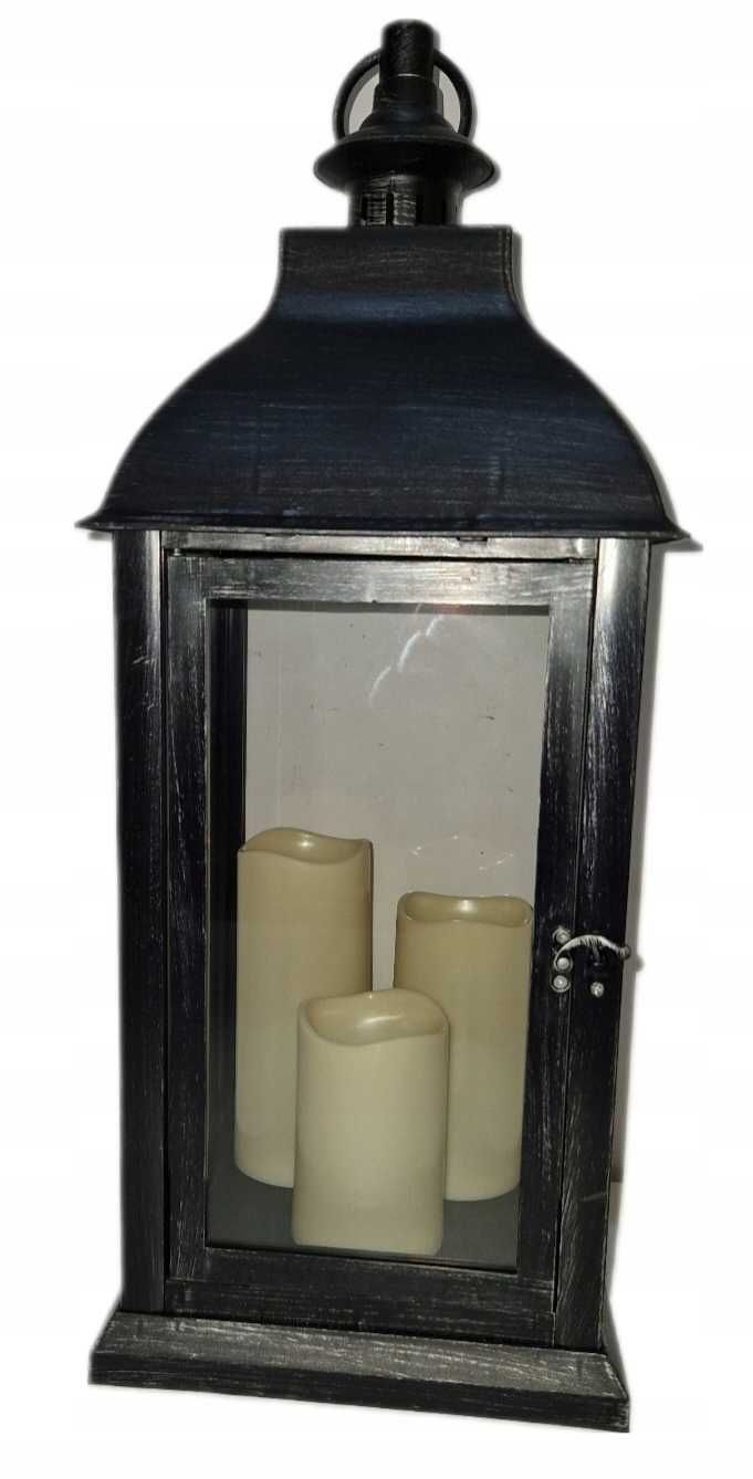 Latarnia lampion LED zewnętrzny czarny  3 świece LED dekoracja 59 cm
