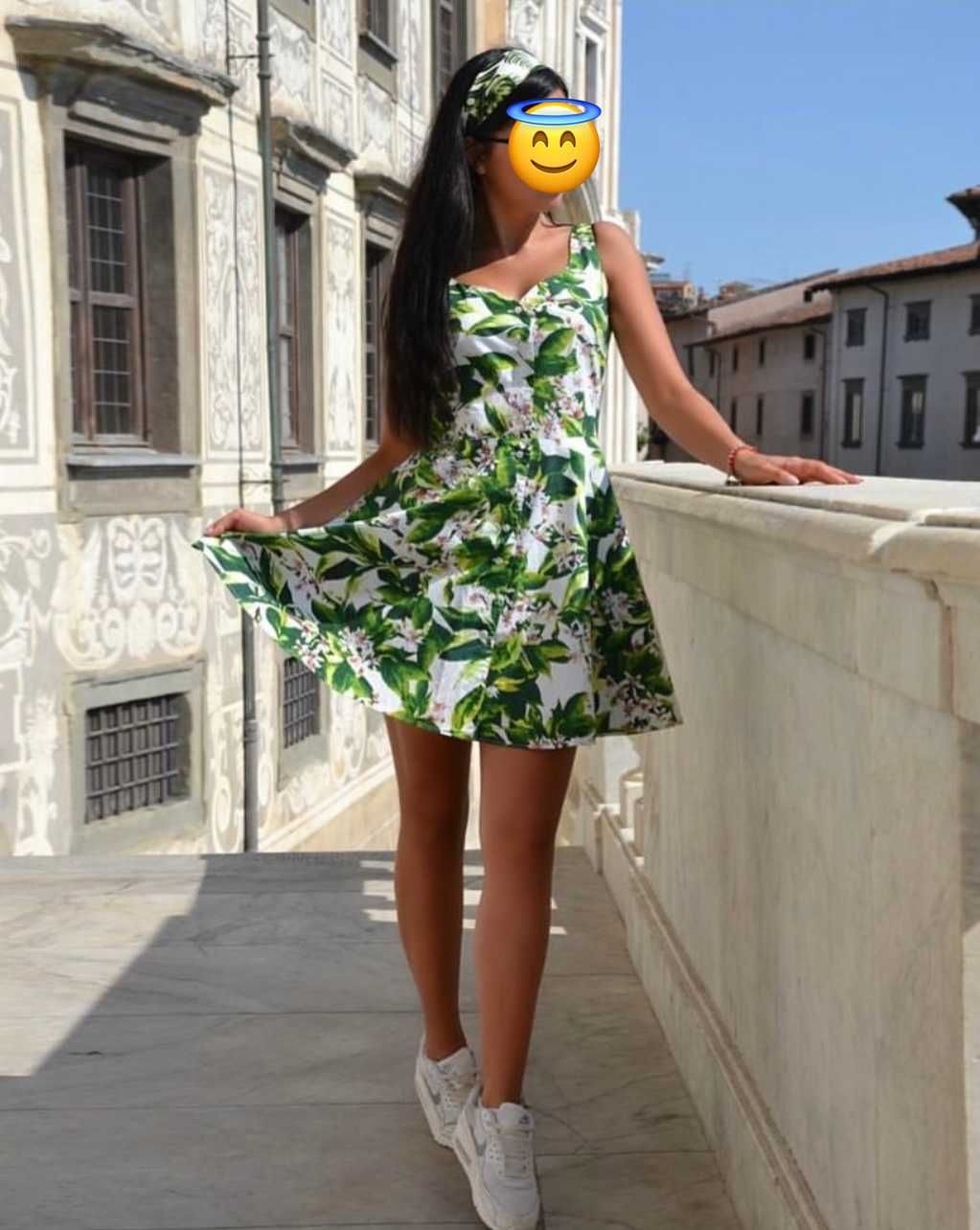 Зеленое летнее платье Zarina на пуговицах с карманами с платочком