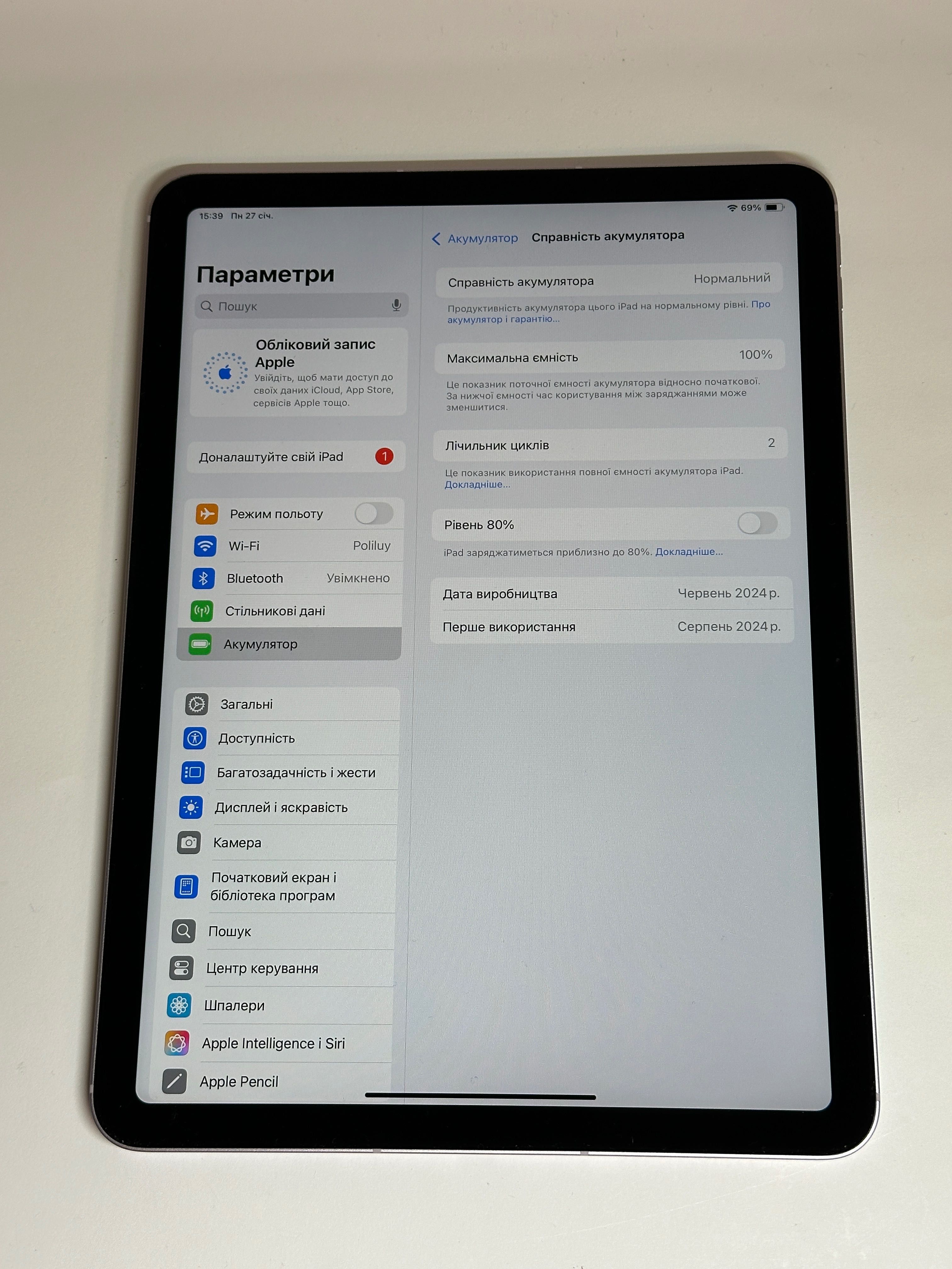 Apple iPad Air 6 11 2024 M2 128GB Purple ESIM cellular/4G/ LTE Бат100%