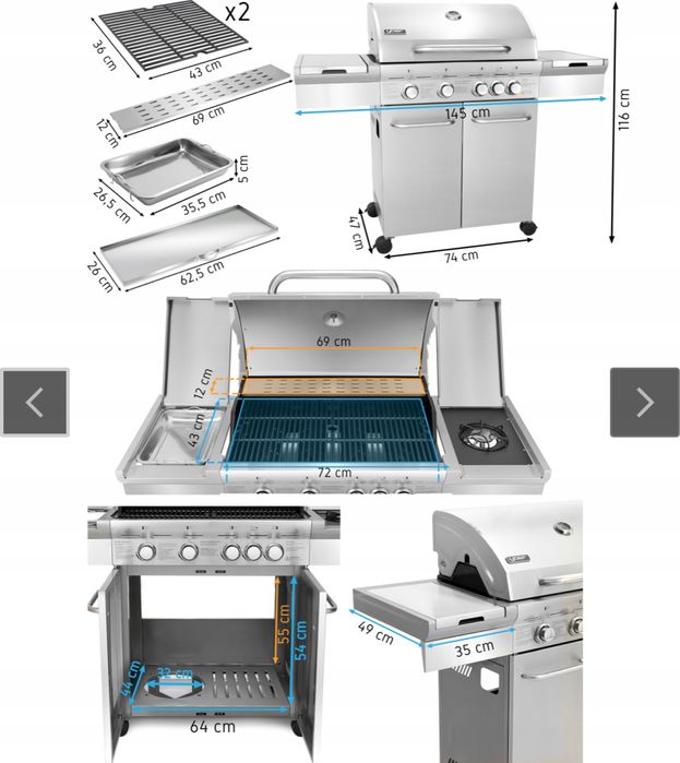 Gril Gazowy YOER 100% stal nierdzewna, STALOWE rusztu, miejsc na butle