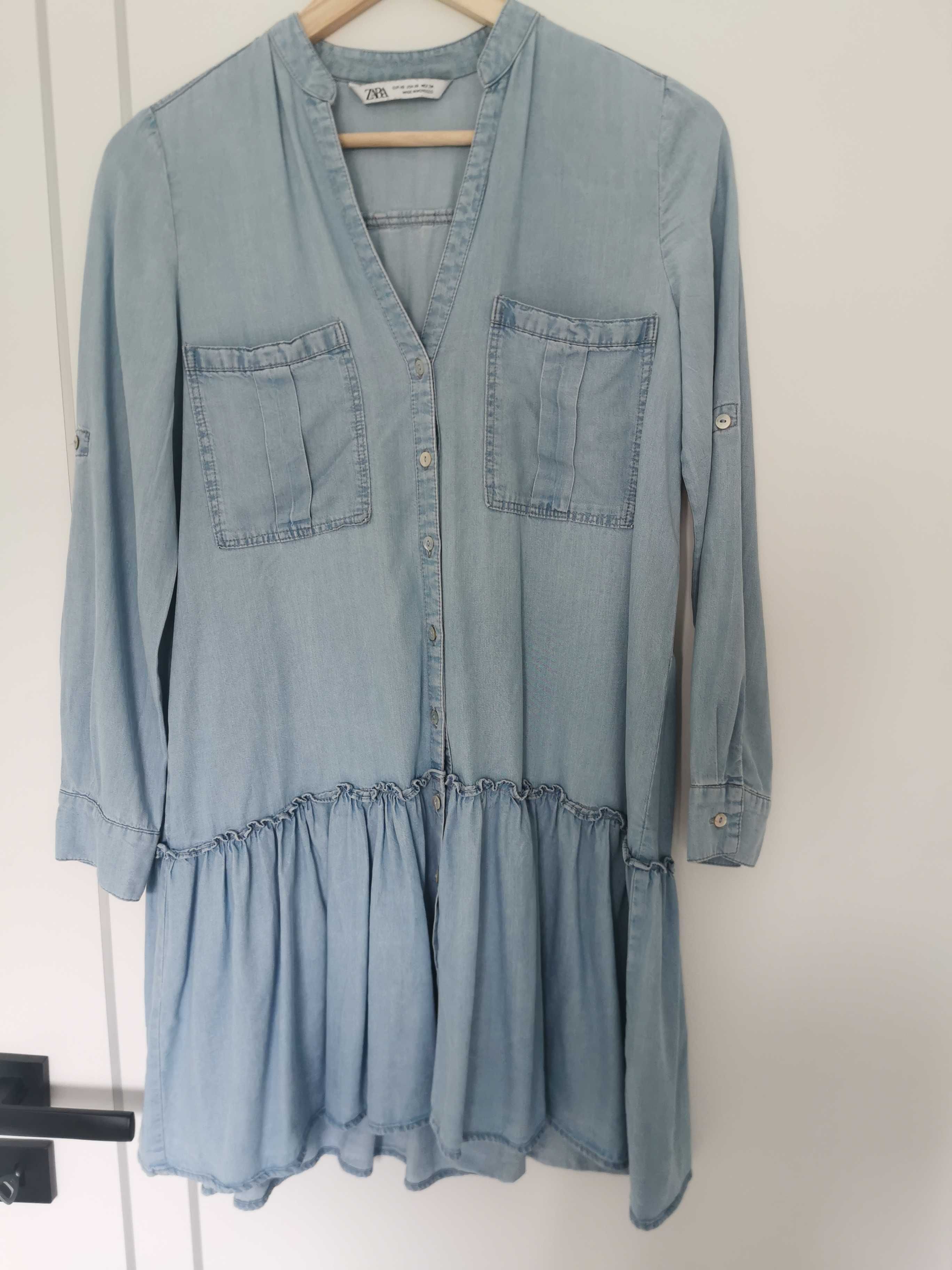 Sukienka jeansowa jeans Zara falbany z falbankami