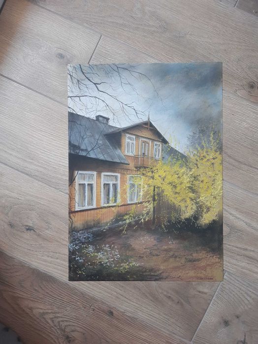 Rysunek pastelami drewniany dom A3