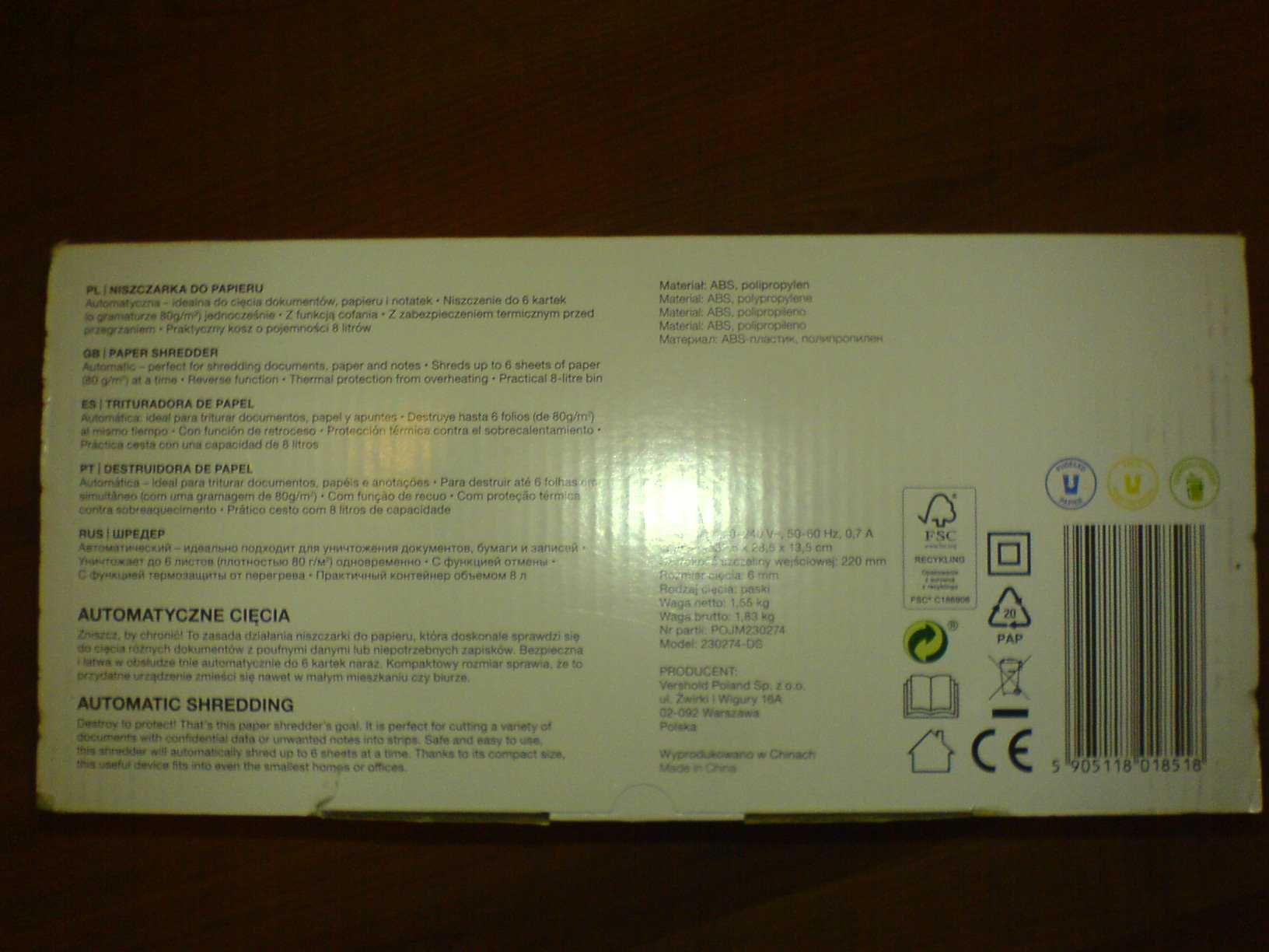 Niszczarka Papieru Hykker do 6 kartek naraz kosz 8l zabezp. term. NOWA