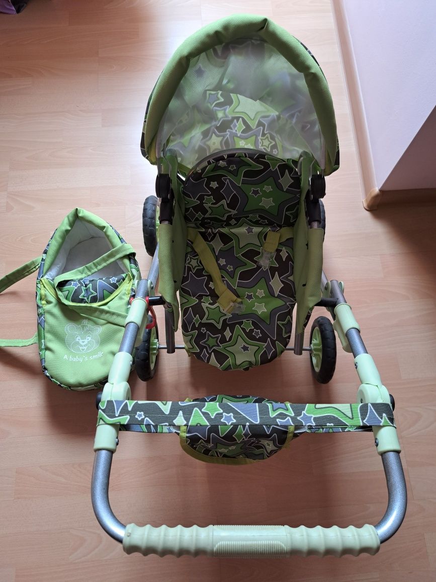 Zielony wózek dla lalek "A Baby's Smile" – wyjmowane nosidełko + torba