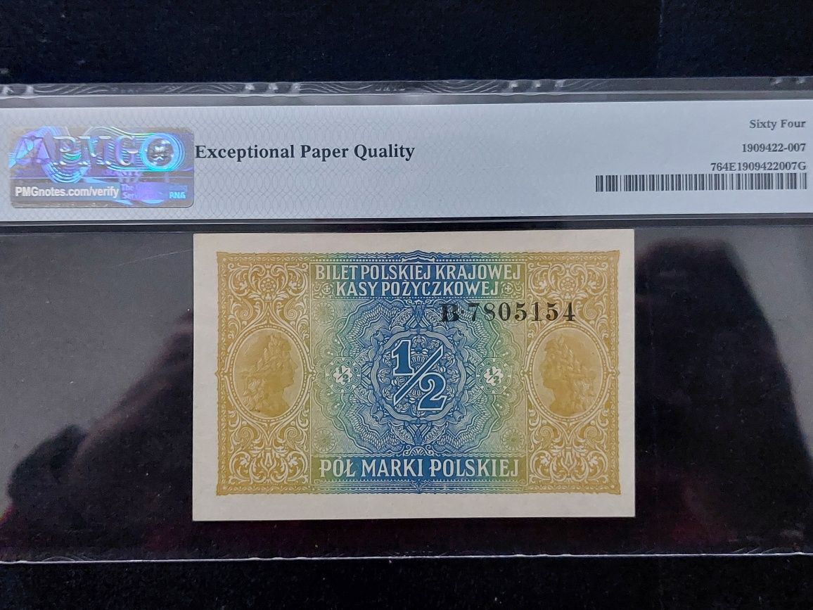 1/2 marki 1916 PMG 64 EPQ ! Piekny egzemplarz marki polskiej 1917