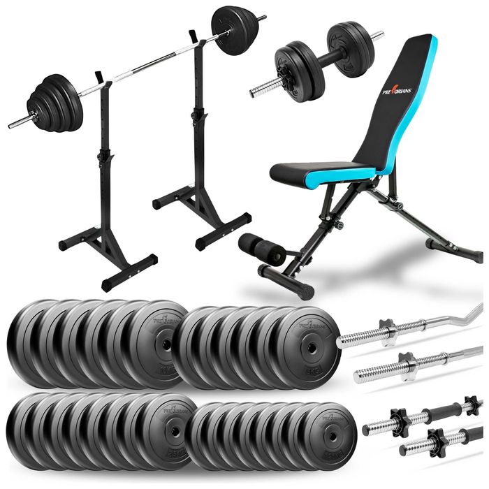 Zestaw kulturystyczny 158kg ławeczka stojaki pod sztangę gryfy hantle