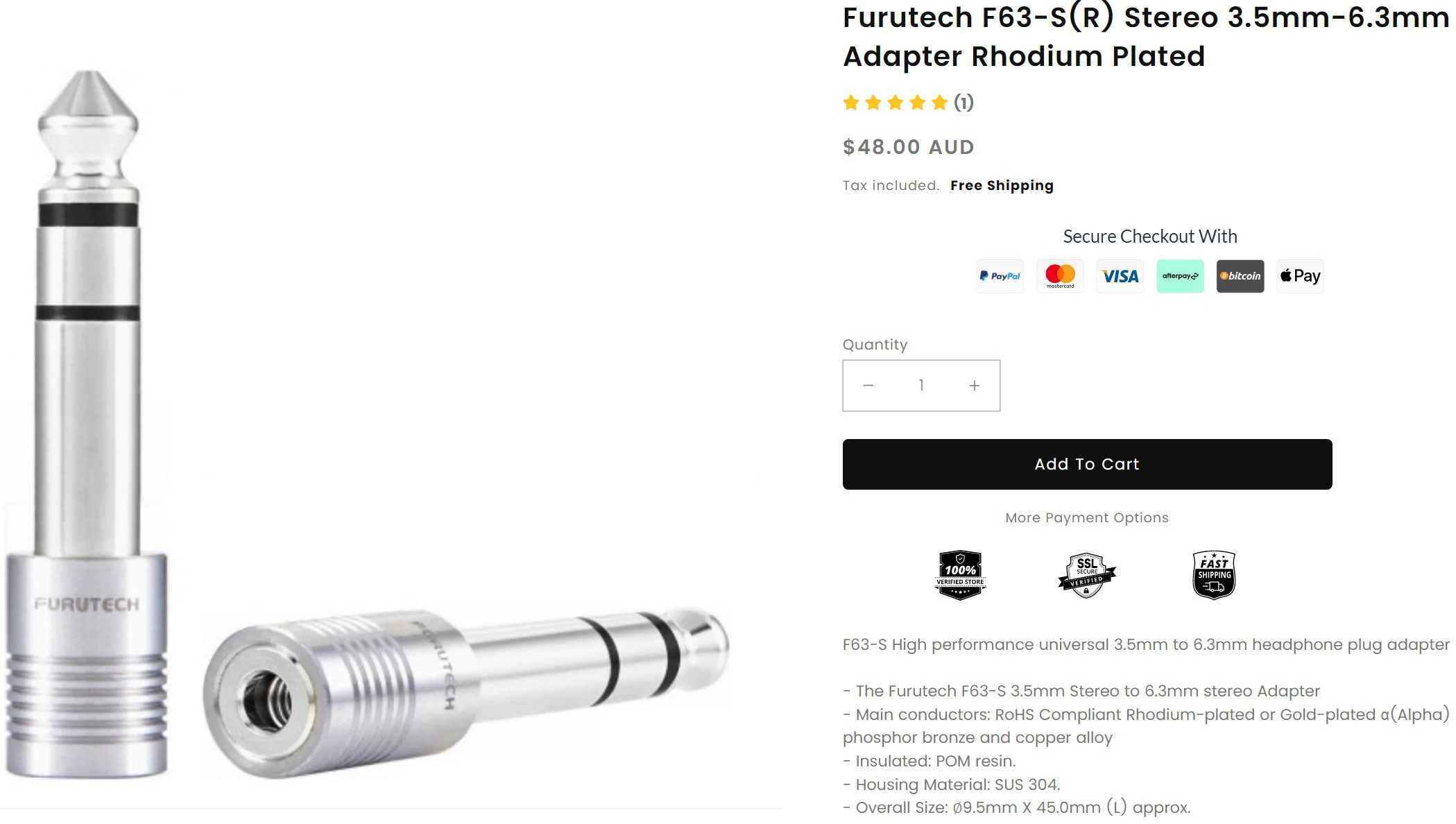 Furutech F63-S Stereo 3.5 -6.3 (обмен/продажа) Adapter Rhodium Plated