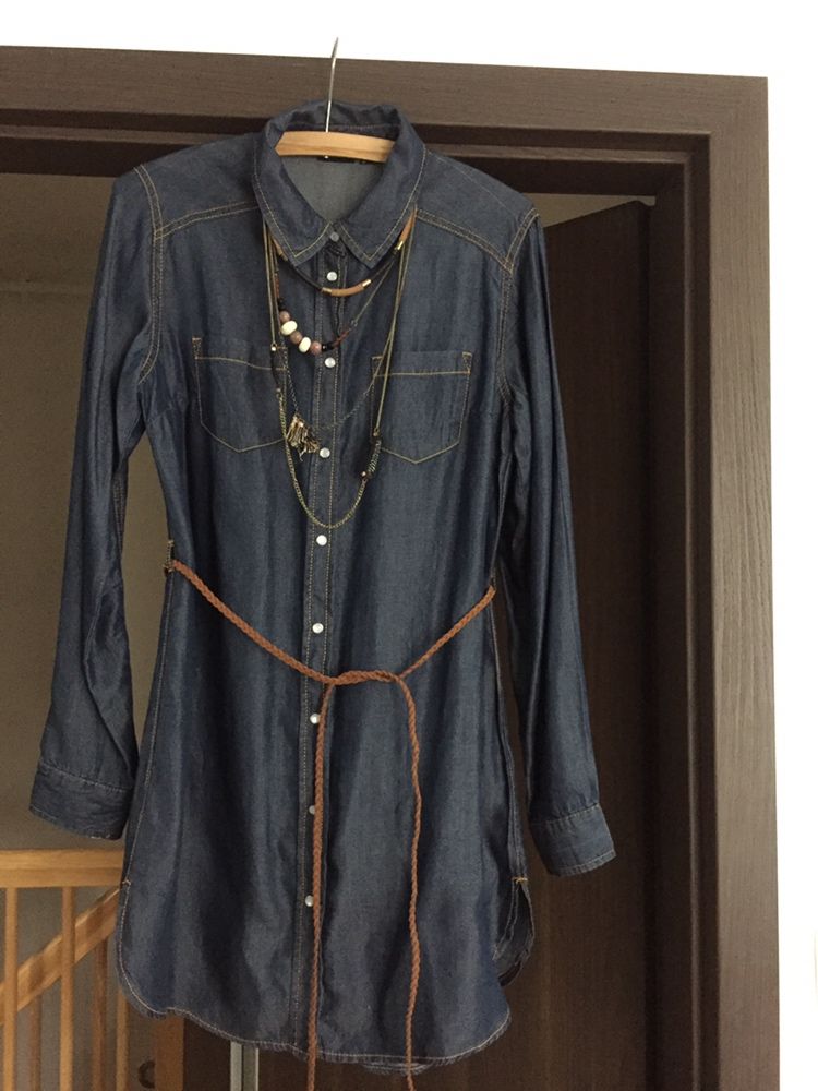 Jeansowa sukienka tunika pasek naszyjnik komplet 36