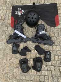 Patins em linha, proteções e capacete