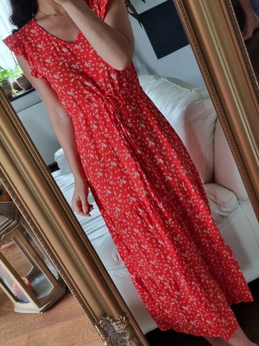 Długa zwiewna letnia czerwona sukienka w kwiatki z wiskozy S/M r