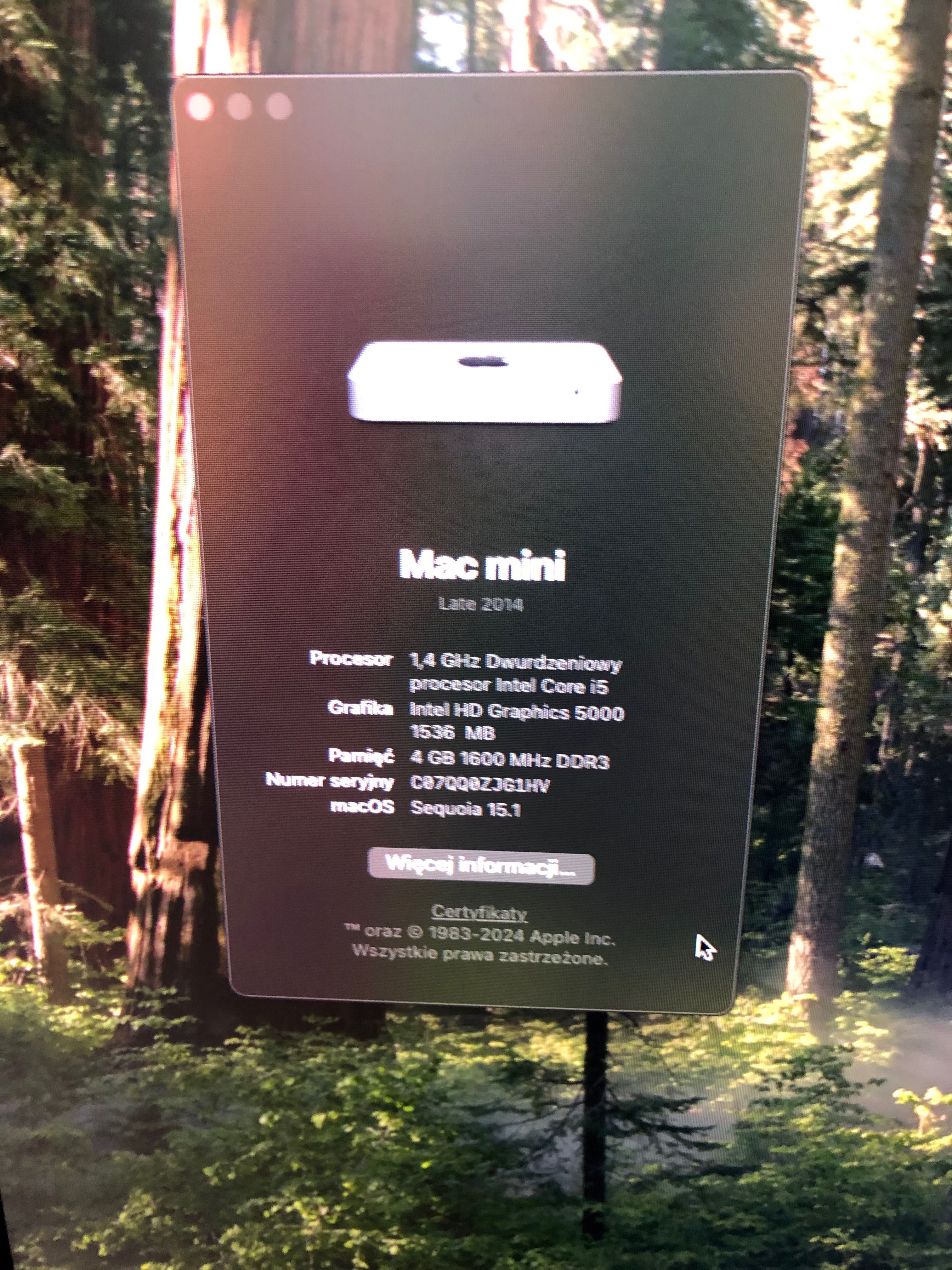 Mini Mac i5 2014 - 4GB RAM, 256 GB SSD sprawny 100%, nowy OS Sequoia