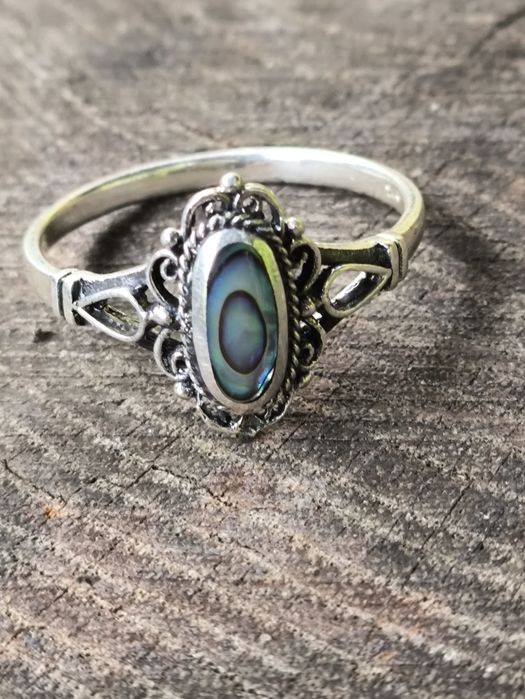 Stary srebrny pierścionek muszla abalone . Vintage