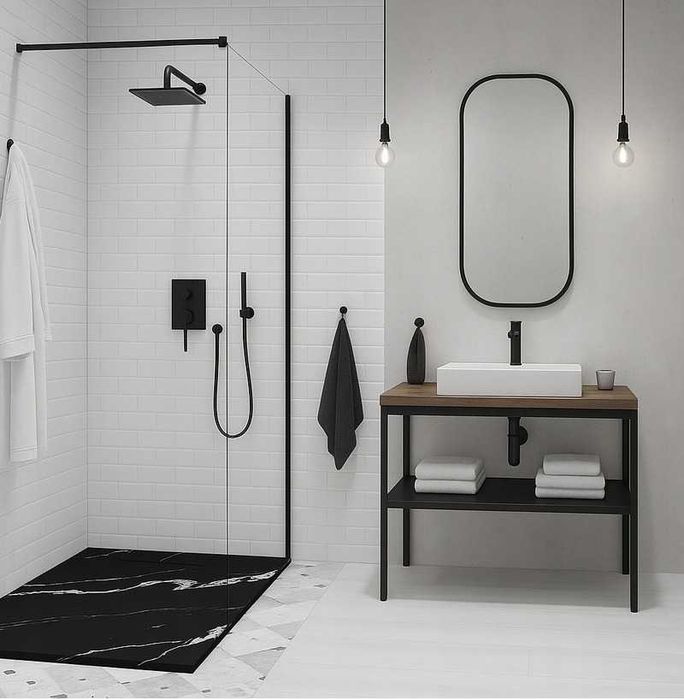 Brodzik prysznicowy czarny / biały marmur płaski + syfon