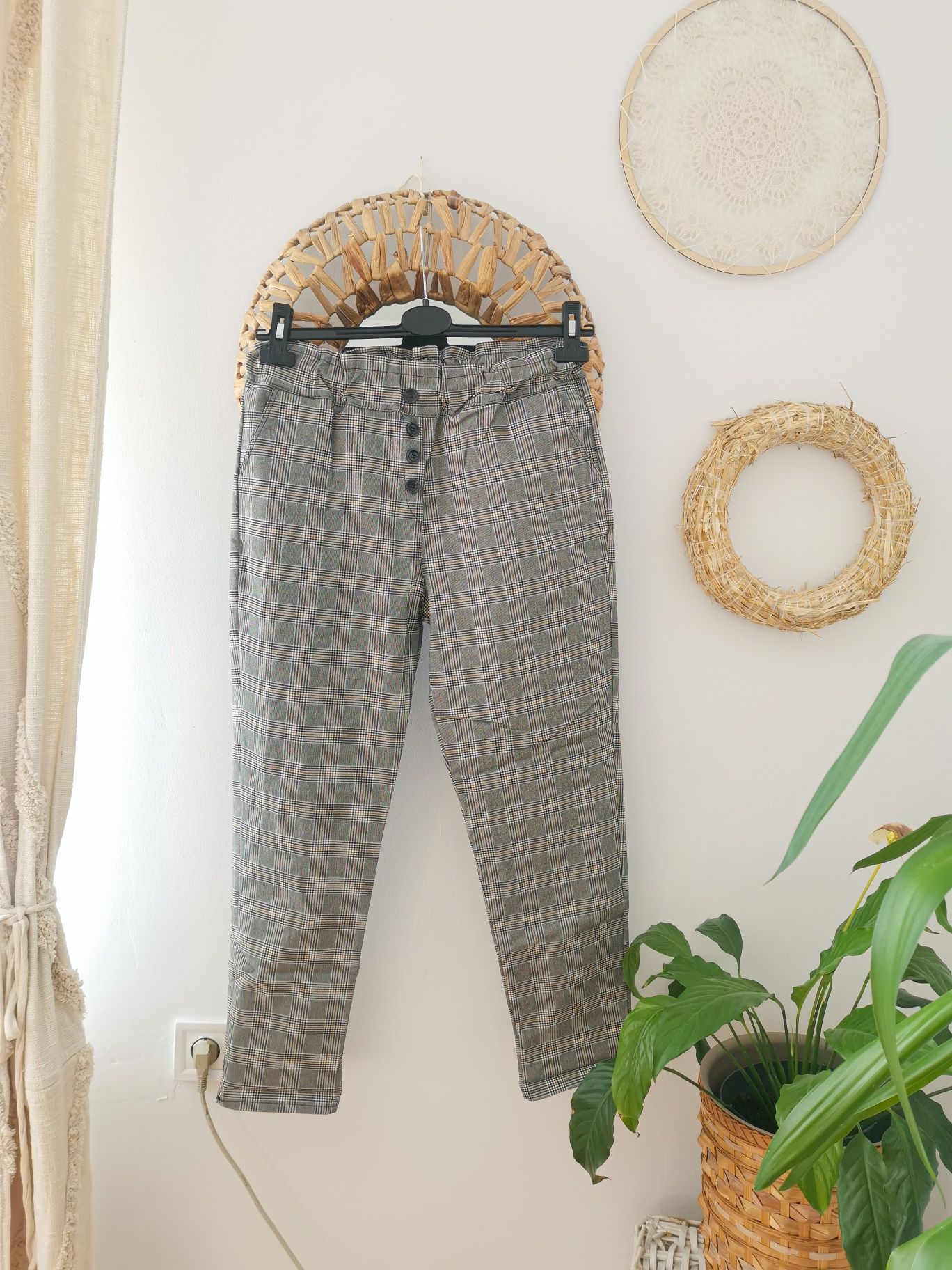 Spodnie cygaretki chinosy w kratkę eleganckie do kostki L, XL