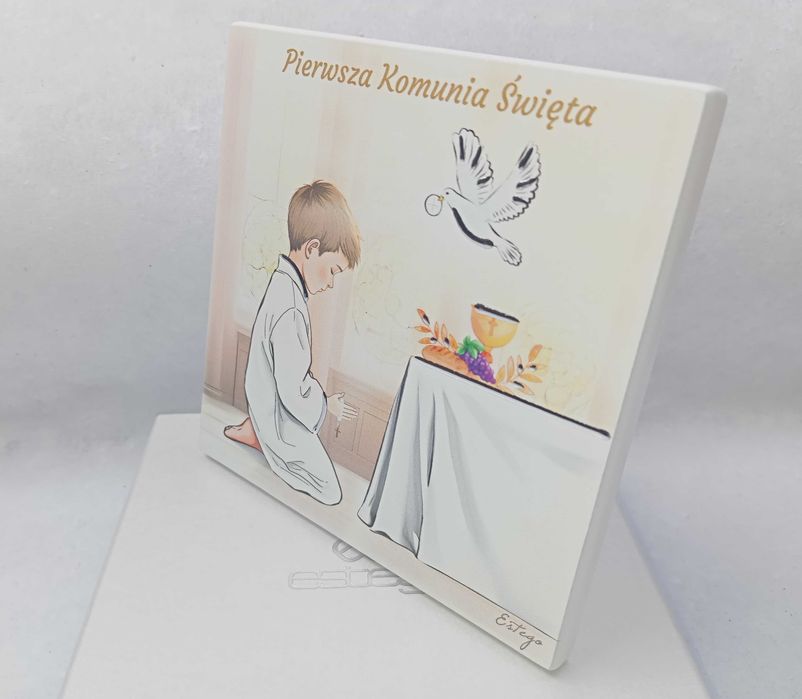 Obrazek Malowany Na Drewnie Grawer Pamiątka Komunii dla Chłopca