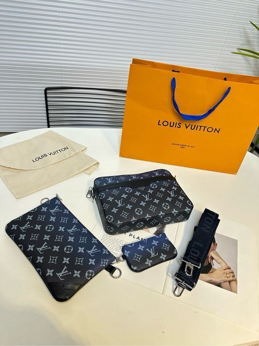 Louis Vuitton trio messenger сумка 3v1, 3в1 мужская синяя кожаная