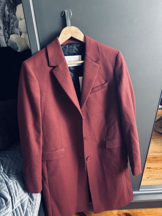 Dlugi wełniany płaszcz Calvin Klein burgundowy M 38