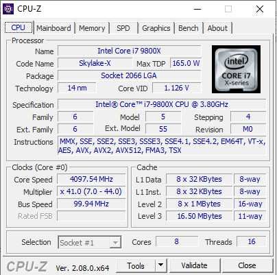 s2066 CPU для ПК: Intel Core i7-9800X: 8/16 ядер, ≤4.4 ГГц, 16MB, 165W