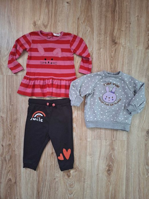 Bluzka z królikiem, bluza z królikiem i spodnie z serduszkami 74 cm