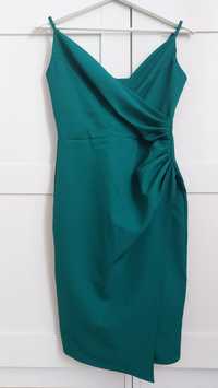 Asymetryczna sukienka xs s butelkowa zieleń ołówkowa wizytowa