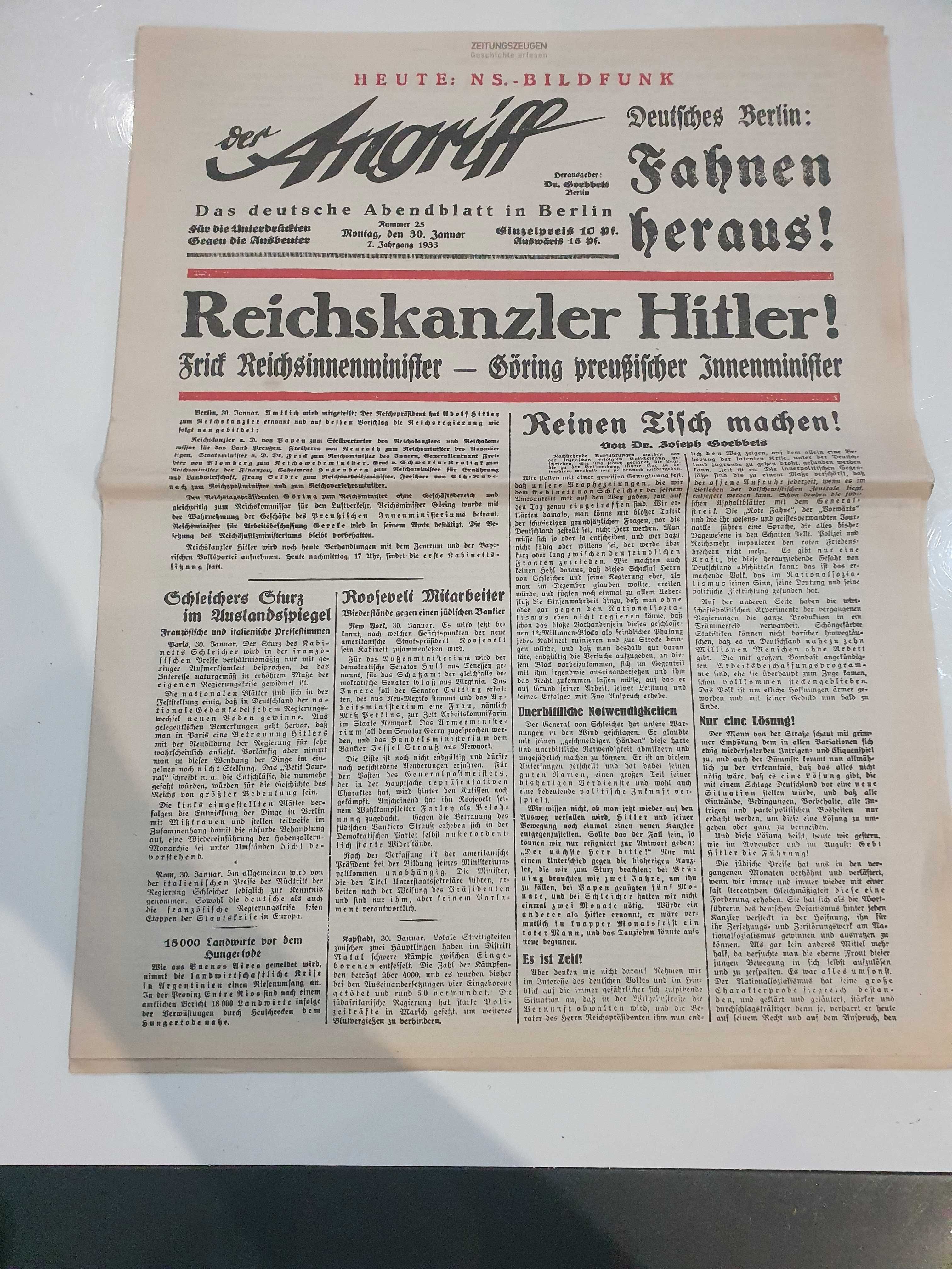 Der Angriff-niemiecka gazeta z 1933 r Hitler został Kanclerzem Rzeszy