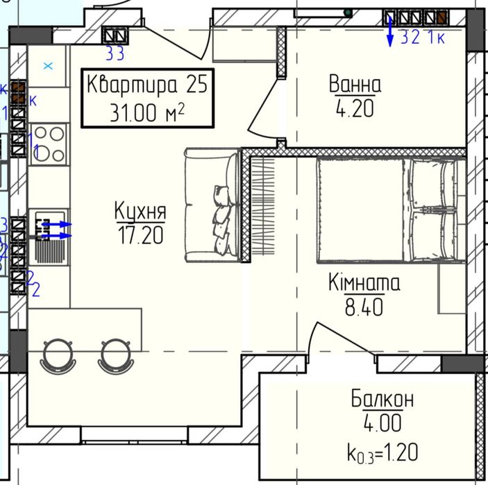 Продаж 1-кім квартири в центрі в новобудові