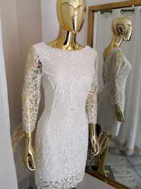 Biała elegancka koronkowa olówkowa sukienka na komunie xs s