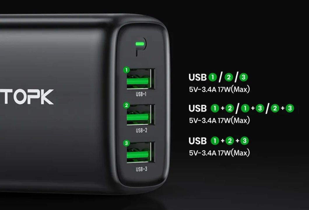 Зарядний блок живлення 5v/3,4A TOPK на 3 USB  новий оригінал 17W