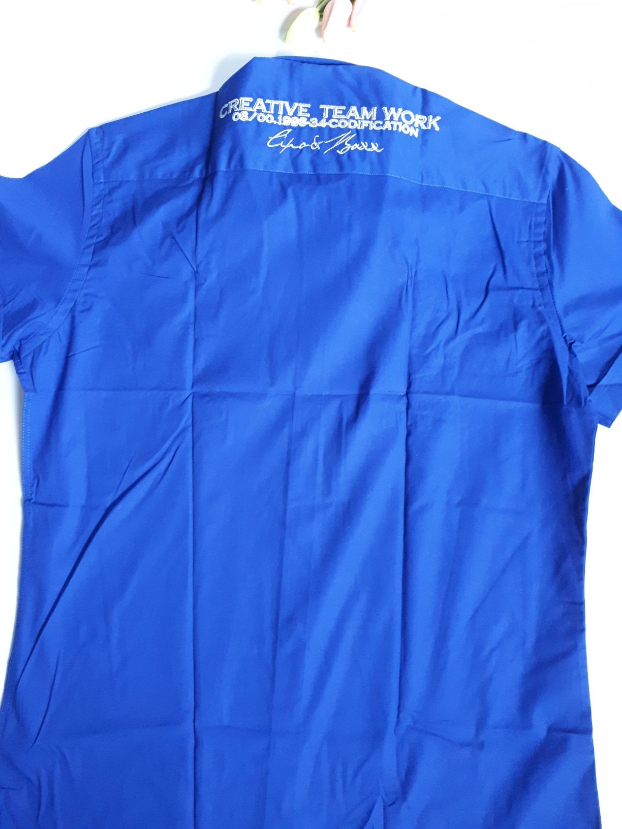 Koszula męska z krótkim rękawem nadruk kobaltowa M