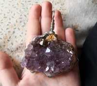 Duża zawieszka kamień naturalny minerał ametyst kryształ handmade art