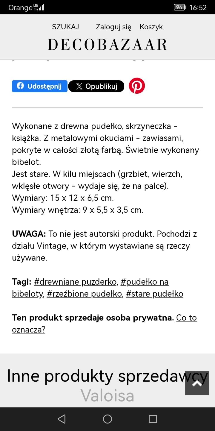 Drewniana skrzynka Vintage metalowe  okucia malowana Złotą farbą