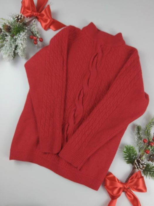 Wełniany sweter czerwony wełna angora golf ciepły sweterek splot gruby