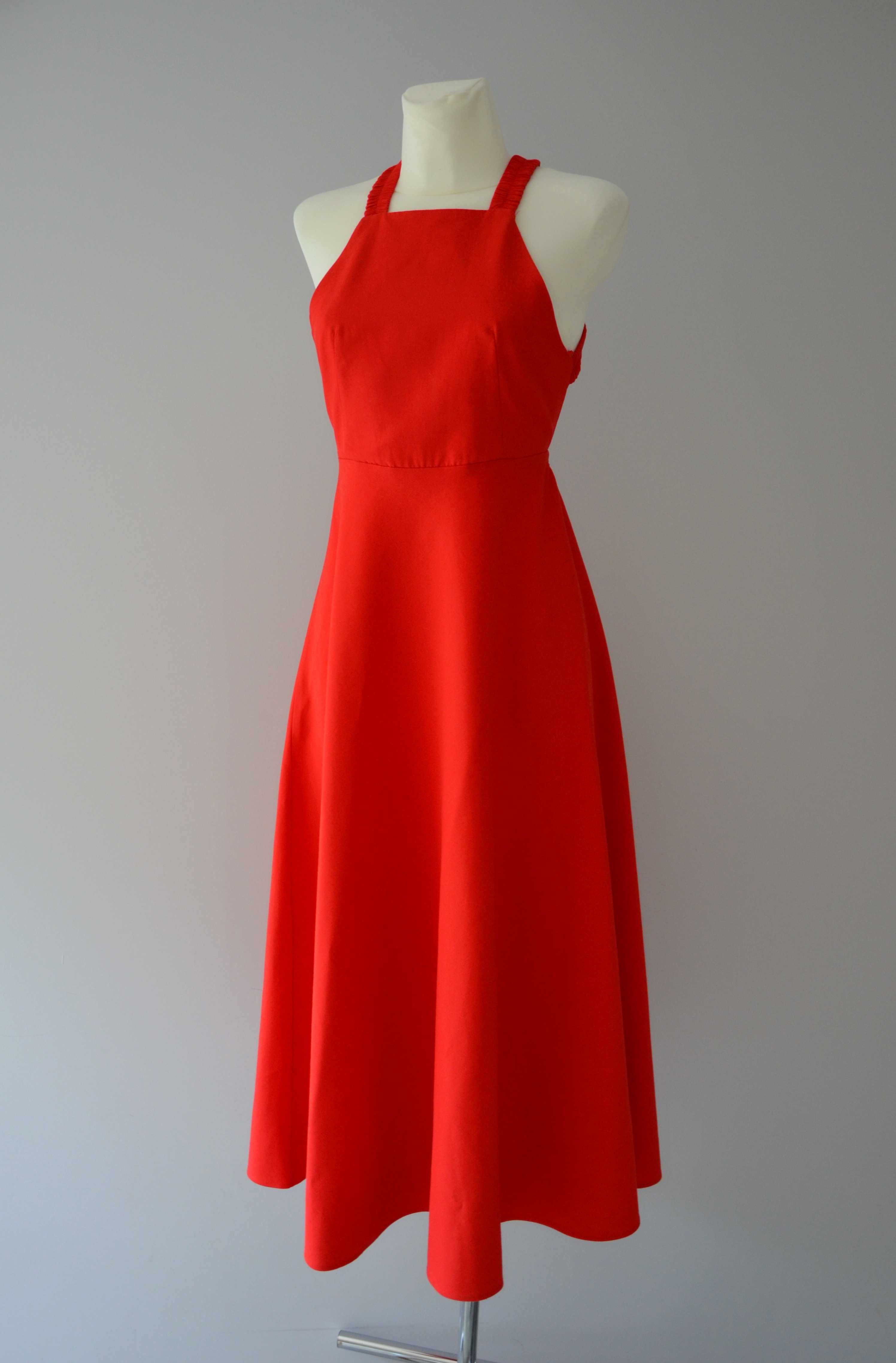Zara długa czerwona lniana sukienka premium old money halter 34 XS