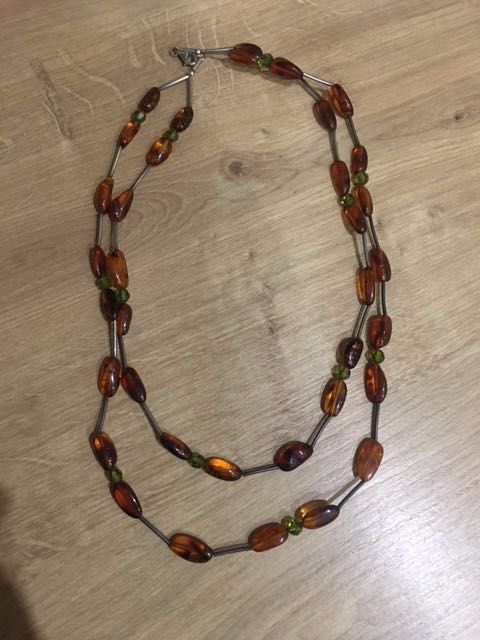 Naszyjnik BURSZTYN +kryształki Swarovski +Srebro kolor: Koniak & Khaki