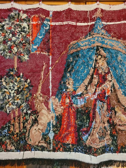 Gobelin PRL Dama z jednorożcem haft wełną 110/150 na listwie