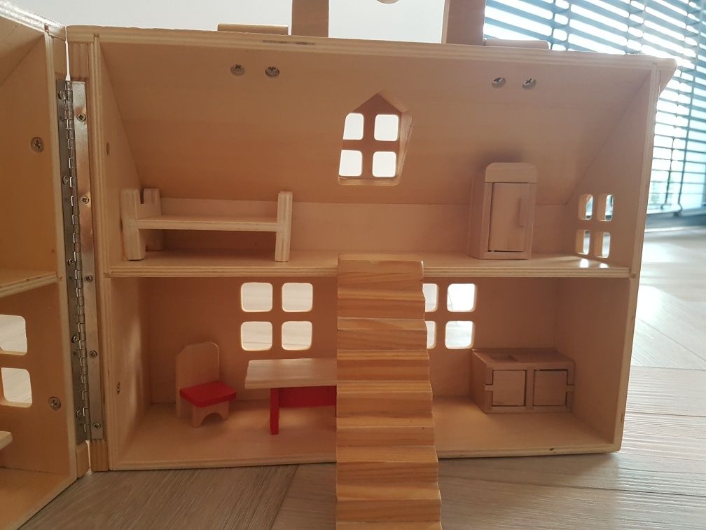 Składany drewniany domek dla lalek Mebelki Akcesoria Walizka