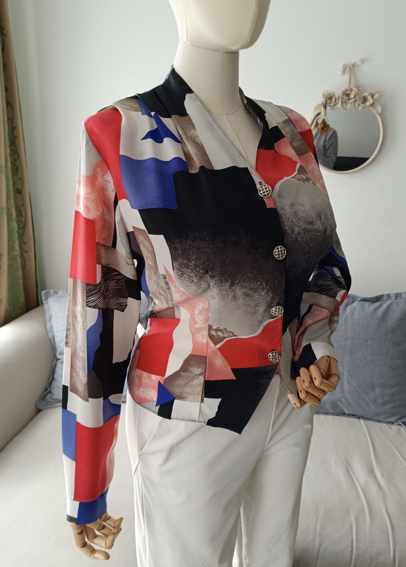 Bluzka koszula biust 55x2 L XL z lat 90 ciekawa grafika kolory urocza