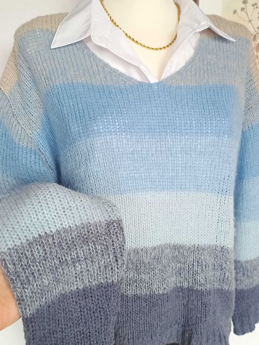 Niebieski sweter w paski dzianinowy wełna moher Luxzuz M oversize