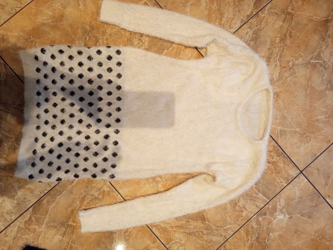 Wlochacz sweter XS/S dlugi kremowy czarne kropki tunika