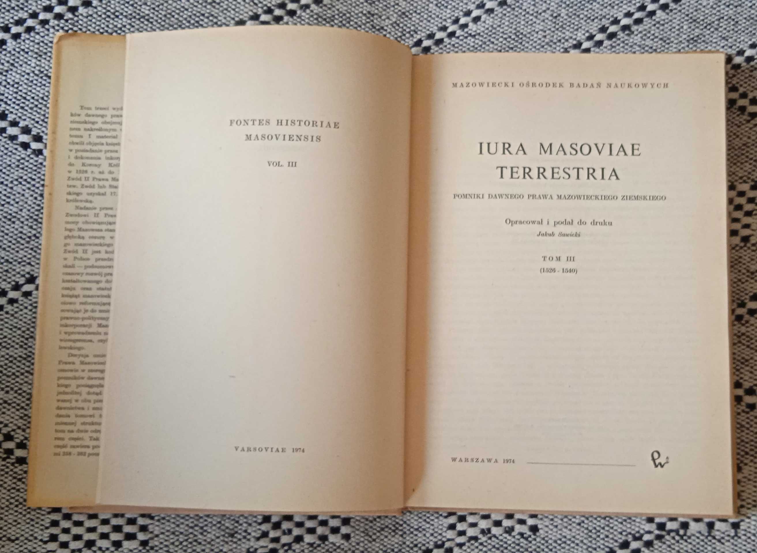 Stare książki Iura Masoviae Terrestria Tom III Jakub Sawicki unikat